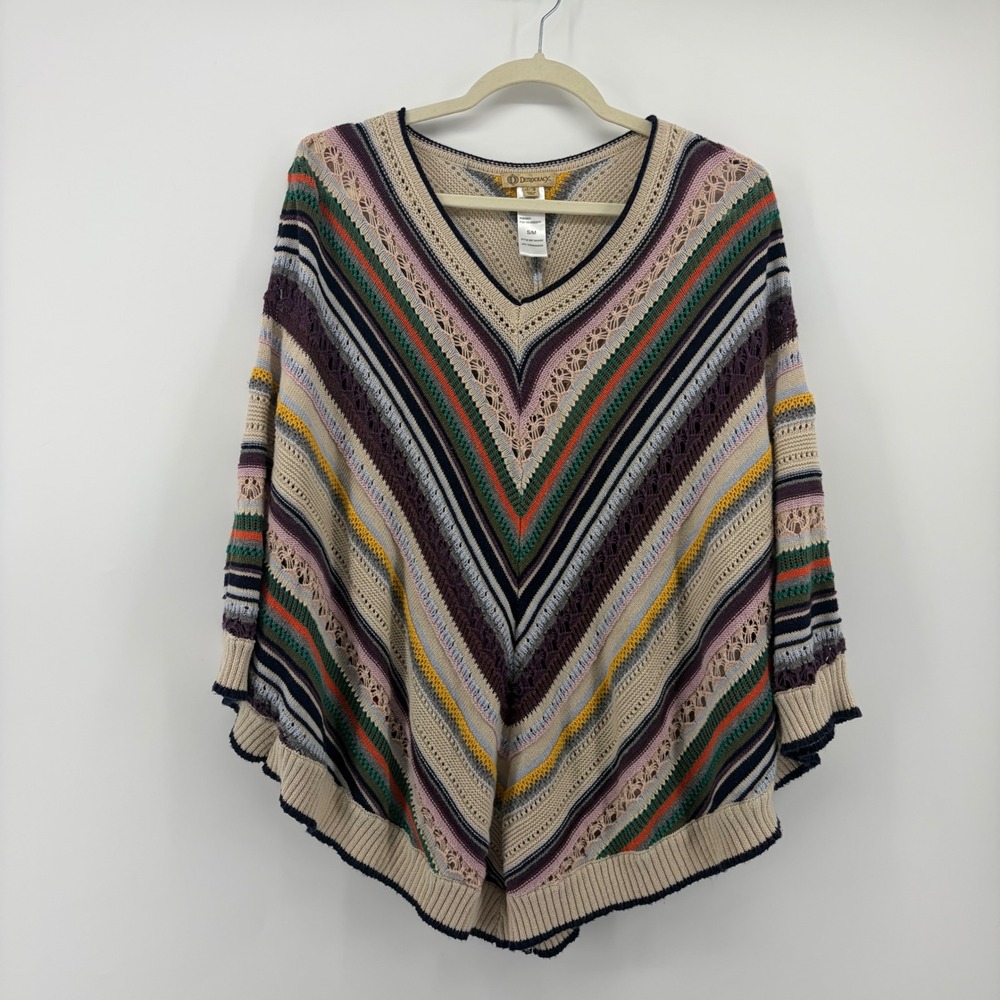 Democracy Womens S/M Multicolor Poncho Striped V-Neck Pointelle Knit Sweater